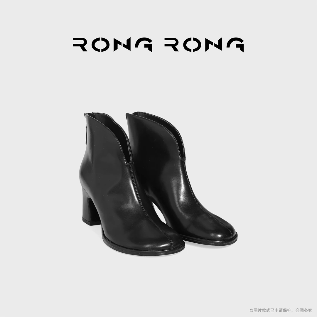 溶溶RONGRONG 胎牛皮面丝绸羊皮里复古设计感高跟短靴X0019-406