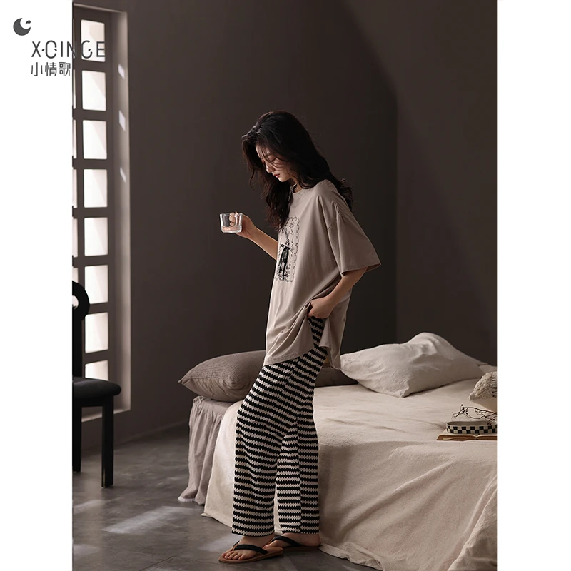 睡衣女夏季纯棉短袖长裤薄款大码夏天带胸垫2025年新款家居服套装