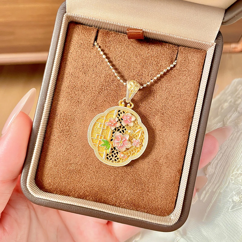 吊坠足银珐琅  「半羞花」足银999.9莲花编绳描金吊坠镀金吊坠项链