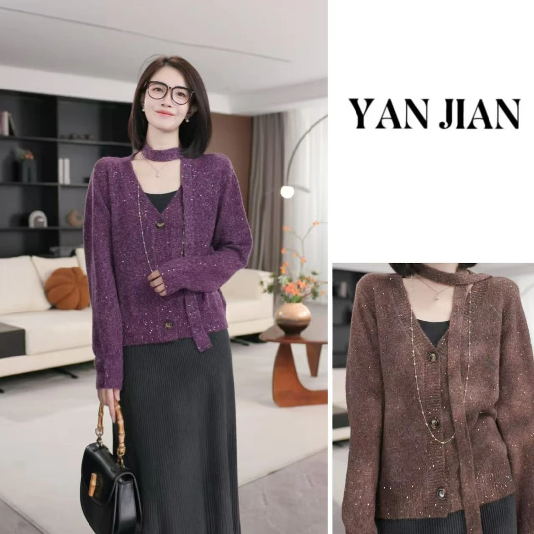 YAN JIAN【紫雾星】婴驼绒珠片纱v领飘带针织气质开衫