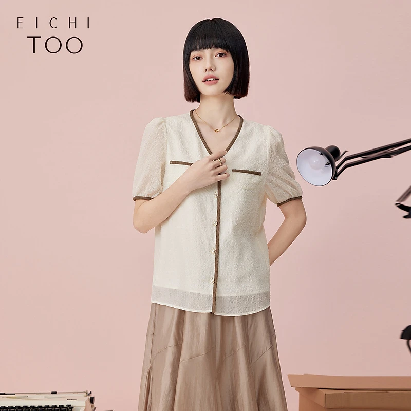 爱居兔夏季新款撞色织带设计感短袖休闲衬衫ENECJ2P006A