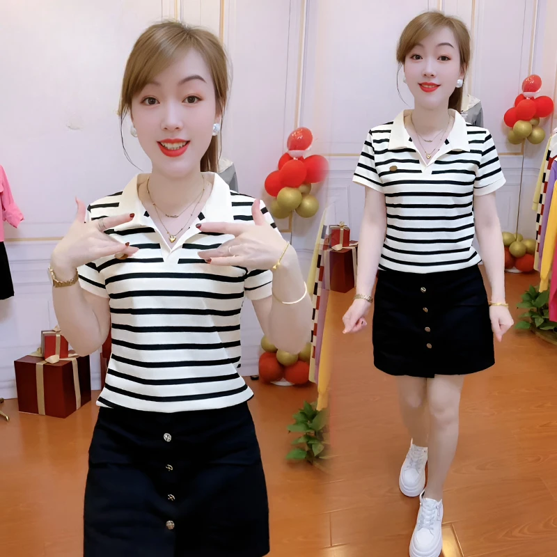 高含棉韩版时尚条纹拼接翻领短袖t恤女2025夏季新款减龄遮肉上衣