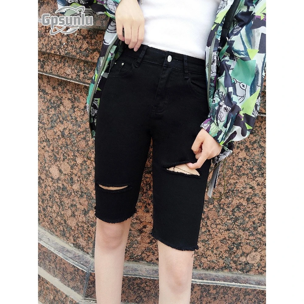 gpsunlu破洞五分裤女夏薄款牛仔裤分短裤高腰直筒紧身弹力中裤
