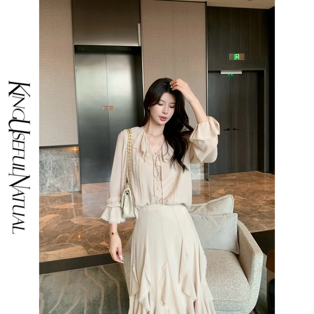 KUN【荒野百合】上衣 珍珠纱蕾丝拼接波西米亚风秋款米色衬衫上衣