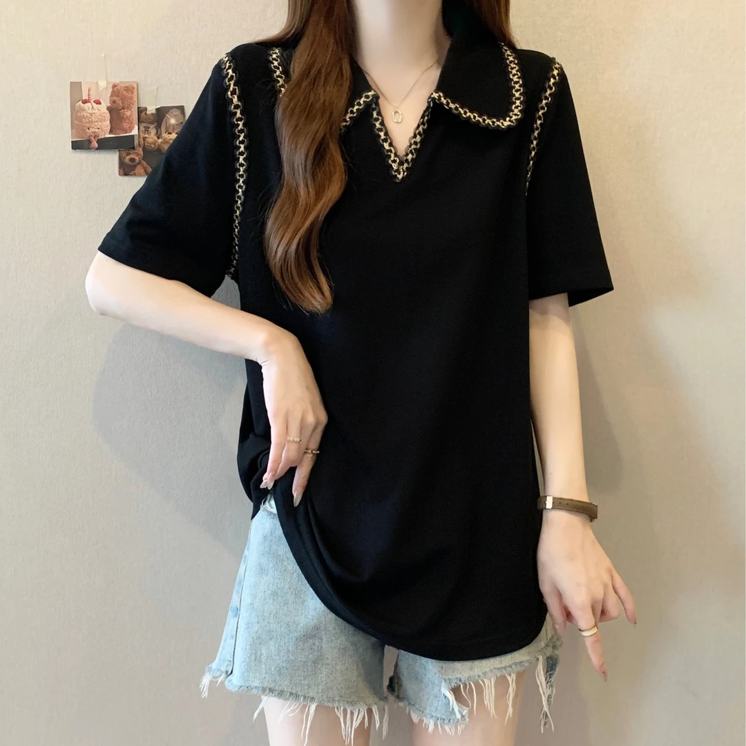 大码遮肚子洋气正肩POLO领短袖t恤女夏胖mm宽松显瘦别致减龄上衣