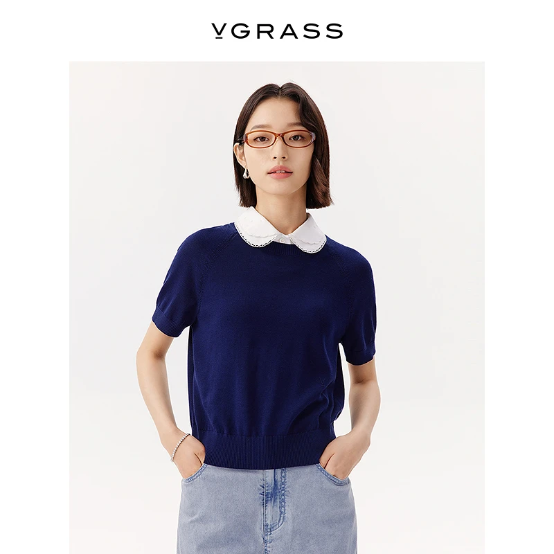 VGRASS维格娜丝25夏季新款60支丝棉纱撞色可拆卸领针织VZZ3Q2620C