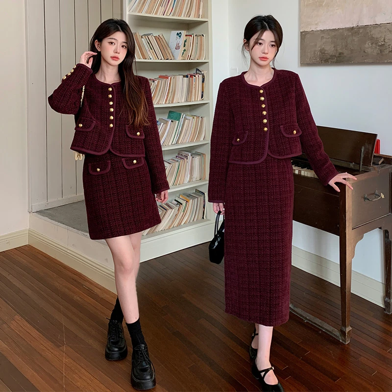 大码女装新款显瘦安卡拉红小香风粗花呢加棉外套半身裙两件套