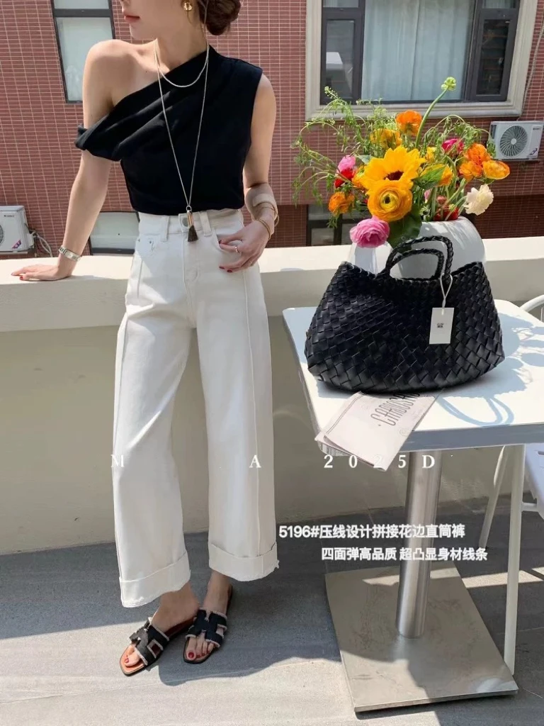 【7592】可#白色高腰直筒宽松牛仔裤