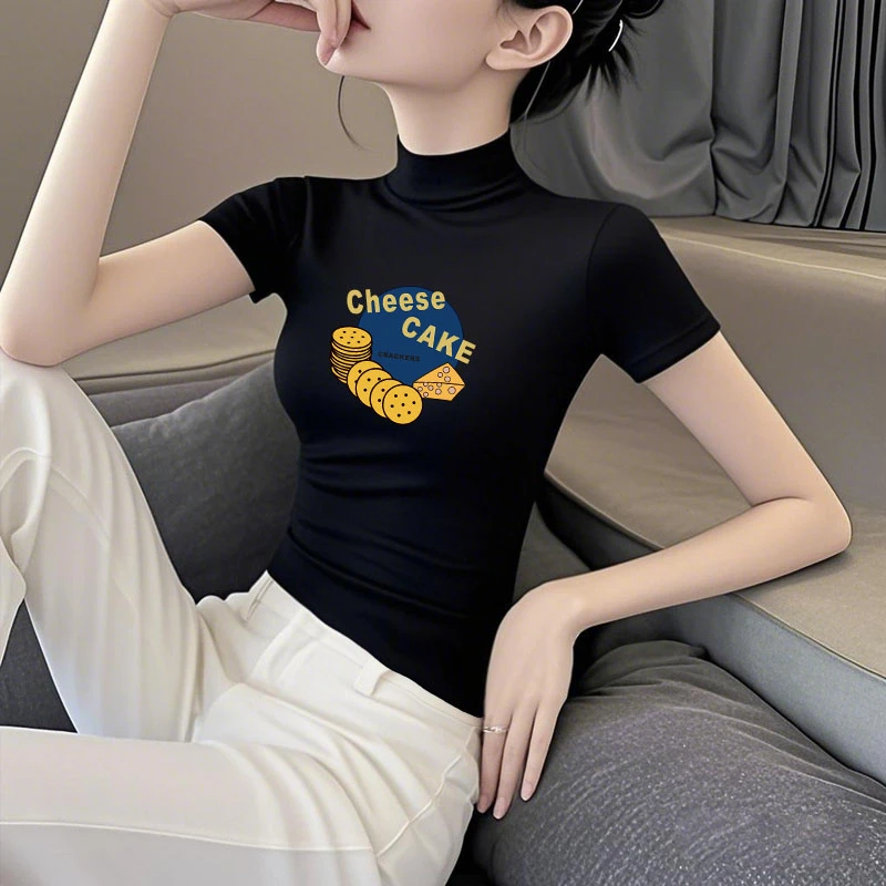半高领T恤女短袖2025新款春夏秋高级感半袖洋气修身印花打底上衣
