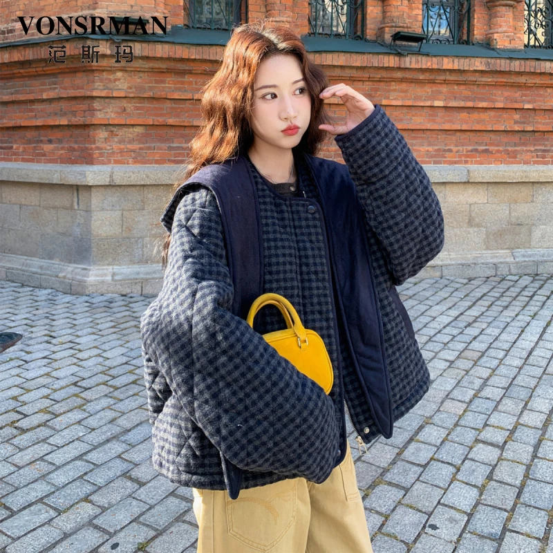复古格子棉衣短外套女2025冬季新款时尚减龄连帽披肩小个子加厚潮