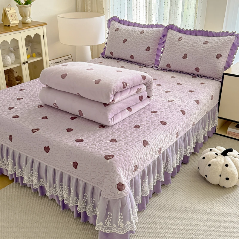 夹棉加绒加厚牛奶绒床盖被套四件套防滑床盖三件套双面绒被套