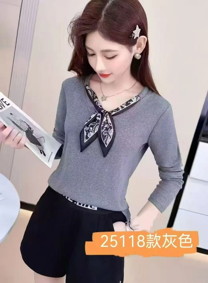25118【衣长56】高级感丝巾V领T恤女2025春秋新款洋气百搭打底衫