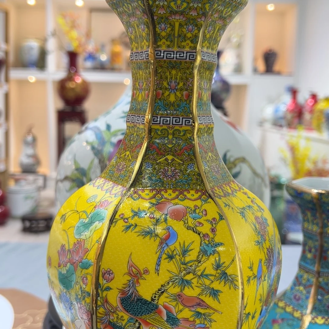 邢***运摆件陶两个33cm黄色花鸟六方尊带底座