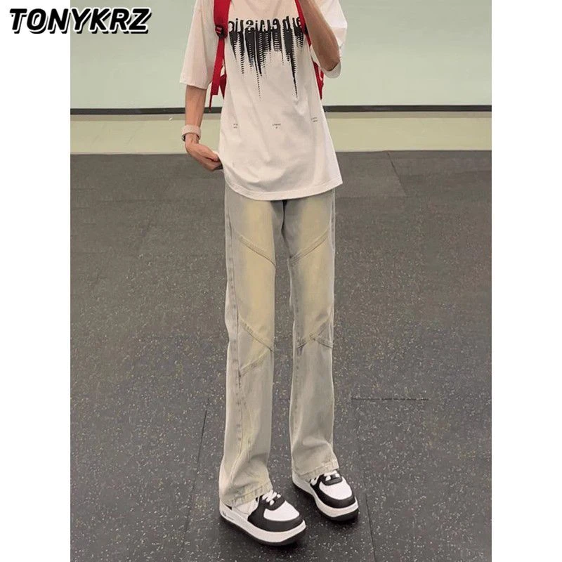 TONYKRZ美式复古vibe裤子男夏季拼接黄泥色牛仔裤直筒窄版微喇裤