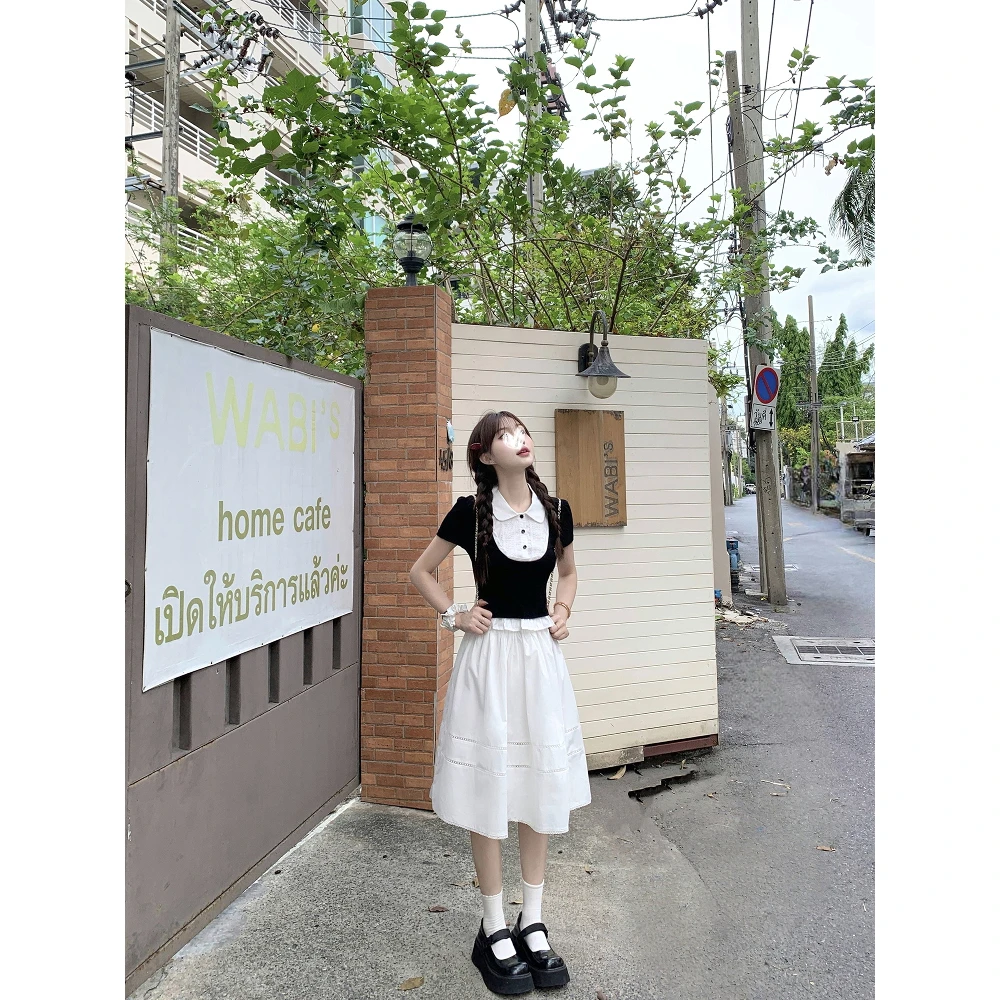 【邻家少女】假两件拼接衬衫T恤半身裙短袖萌系少女时尚套装夏21186