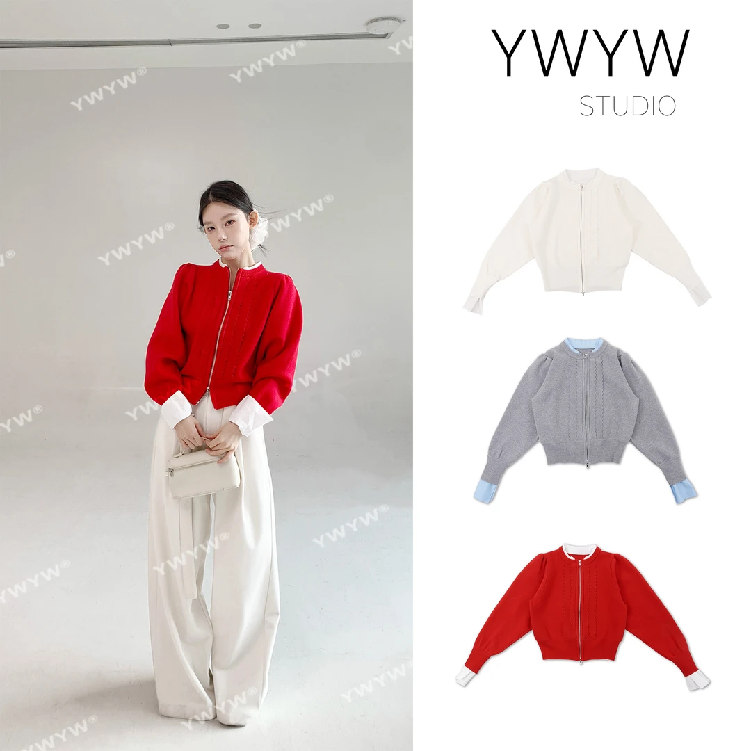 【YWYW25S/S】设计感螺纹低领假两件衬衫袖双头拉链针织毛衣3628