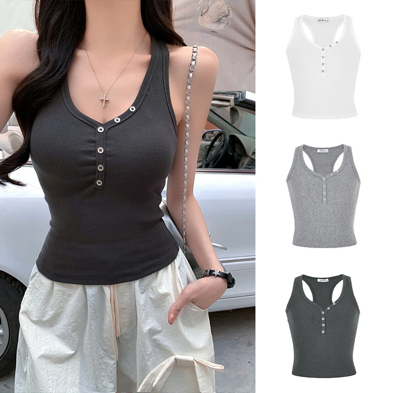 Moses Queen/魔西女王美式复古V领排扣吊带背心修身显瘦短款上衣