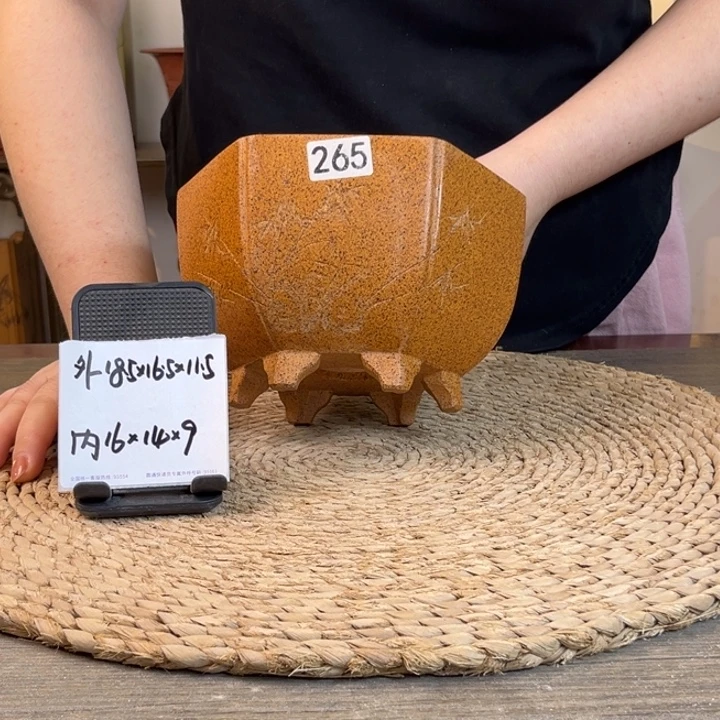 紫砂花盆 柴烧竹刻抽角六方265