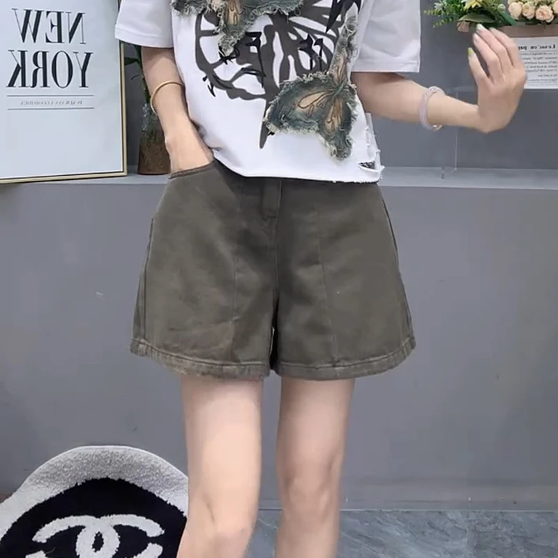 绿色高腰宽松显瘦牛仔短裤女2025夏季薄款大码胖mm小个子a字热裤