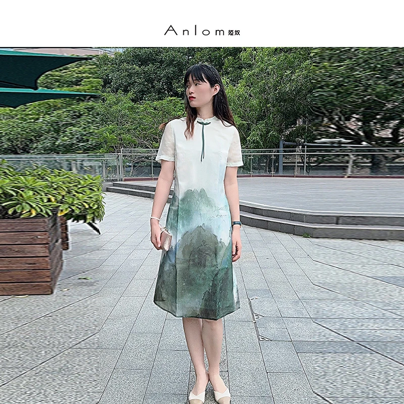 Anlom/娅奴春夏新款新中式连衣裙女短袖中长款山水青云衫修身裙