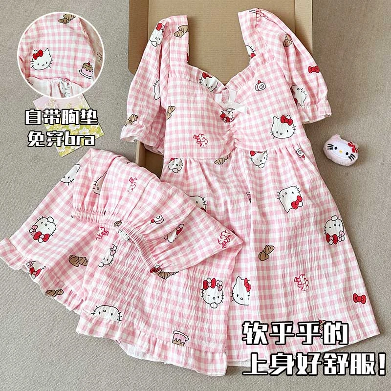 带胸垫睡衣女夏季可爱kt猫少女夏天新款短袖云朵棉网红家居服套装