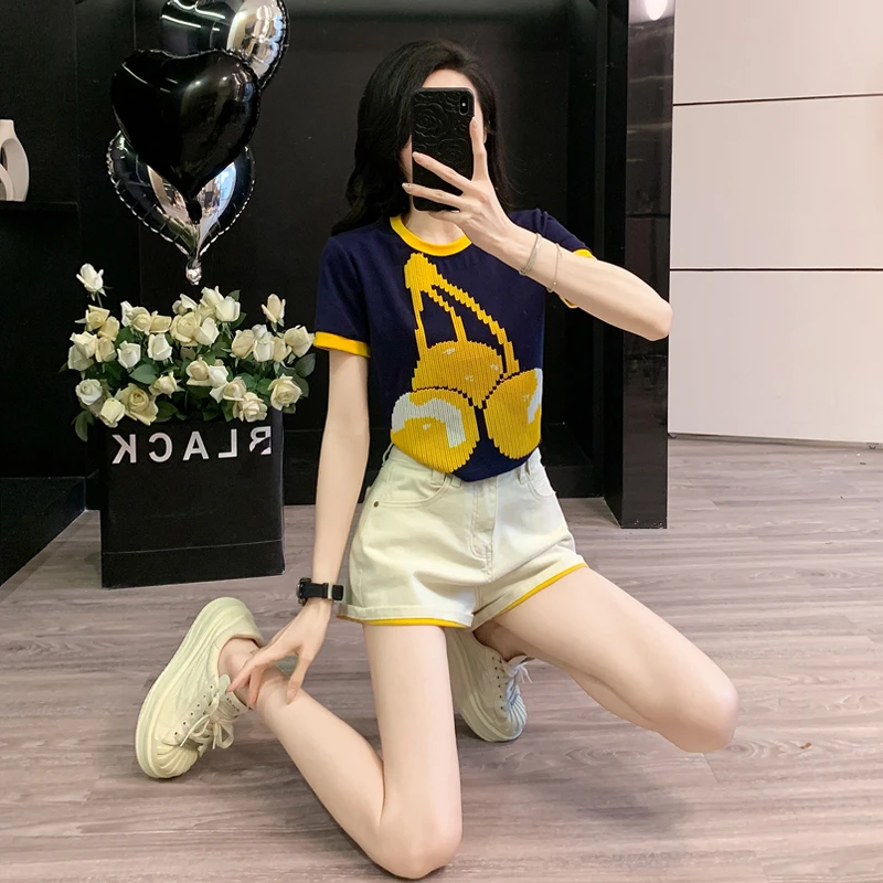 洋气法式樱桃印花短袖T恤套装夏季减龄小个子显瘦牛仔短裤两件套
