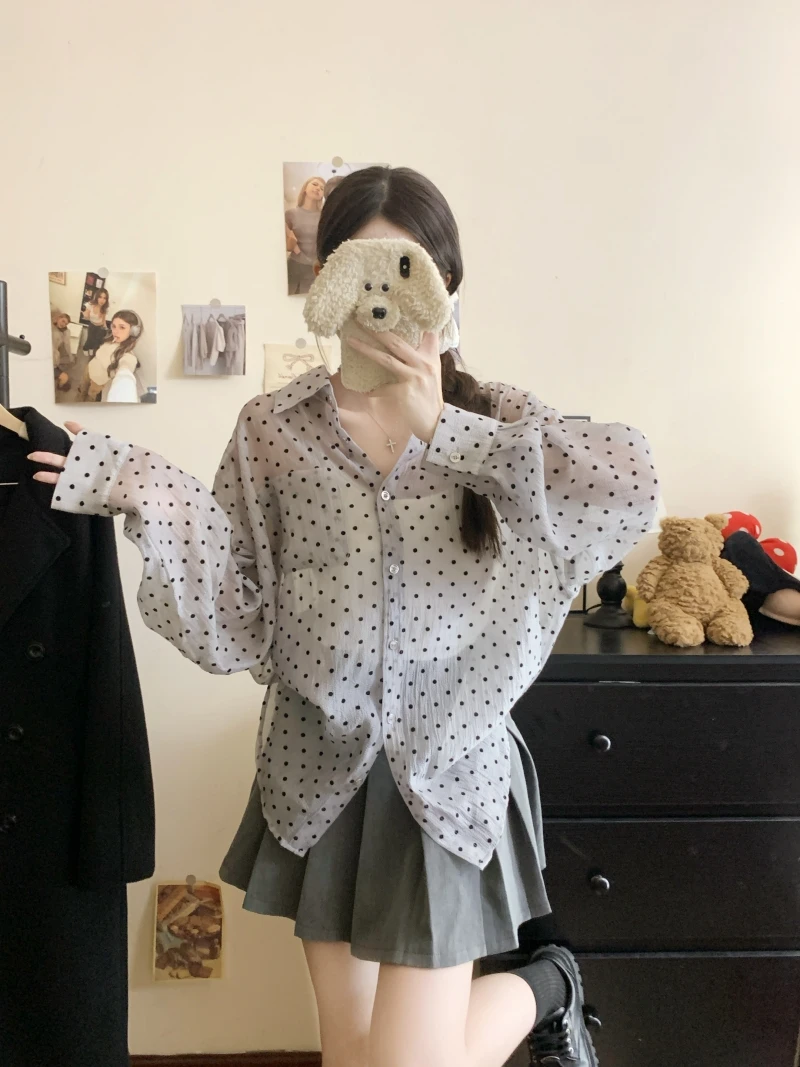 波点衬衫早秋外穿大码女装2025新款微胖妹妹防晒衫显瘦减龄上衣女