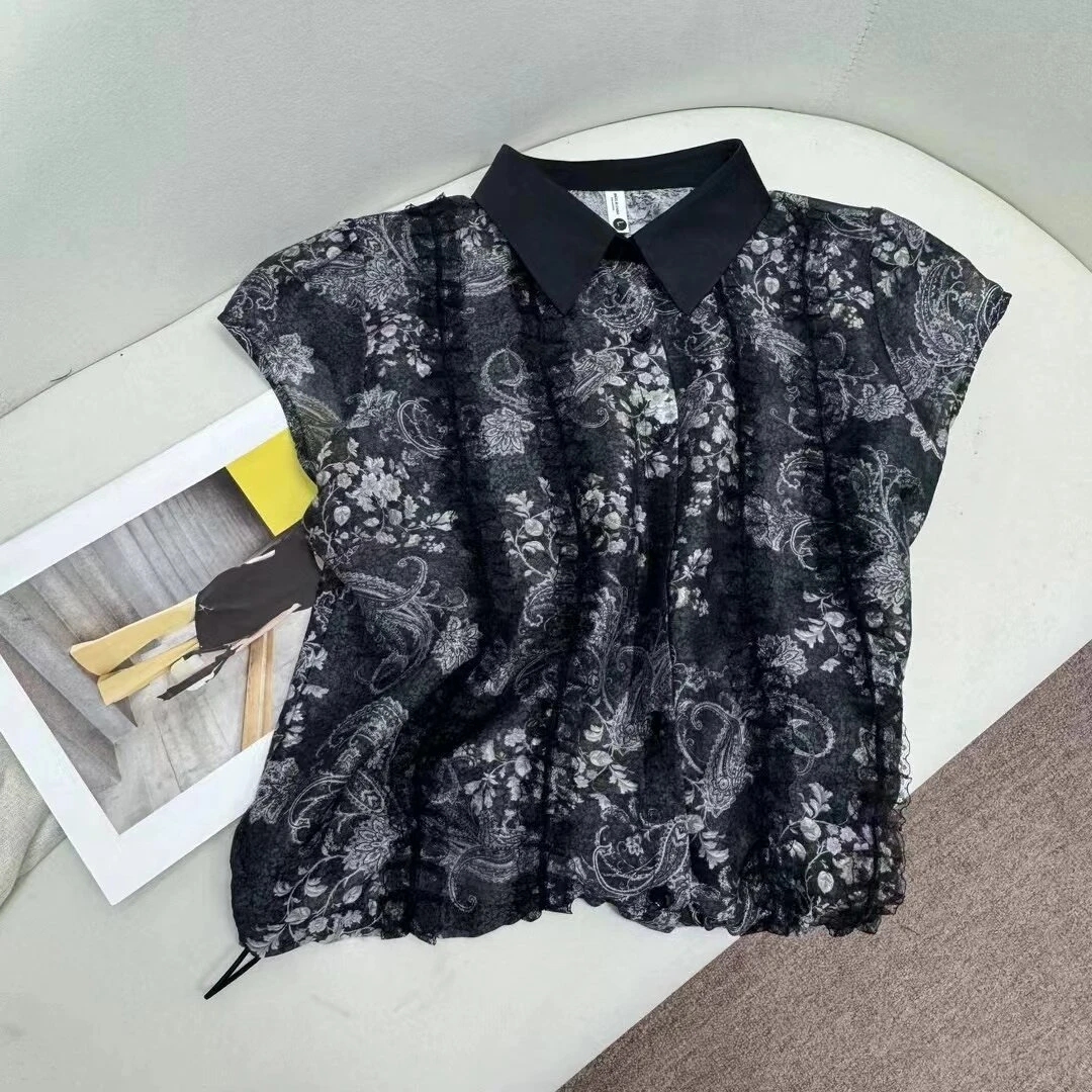 (小纪服饰专属）最新夏款蕾丝边印花雪纺小衫