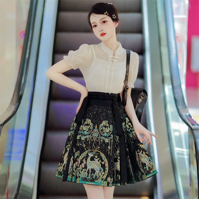 春书阁原创【鹿悠】新中式改良马面裙短款五分裙重工夏季国风新款