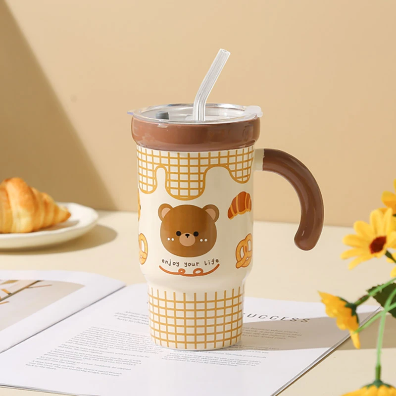 可爱水果陶瓷杯550ml大容量吸管杯高颜值家用创意水杯