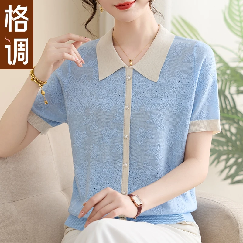 格调妈妈装短袖薄款POLO领常规中老年女装时尚衬衫夏季洋气设计感