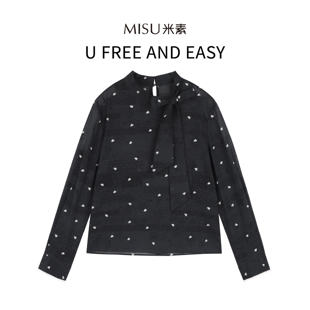 【女装优选】MISU米素气质长袖时尚小香风印花飘带领衬衫125Q083