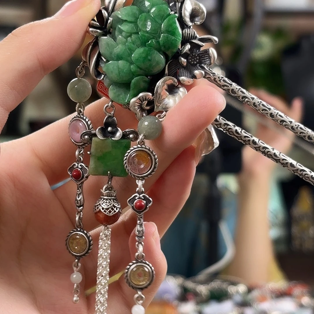 翡翠银S925镶嵌发饰翡翠