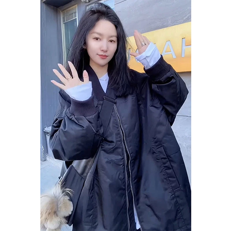 韩版百搭宽松中长款加棉棒球服欧洲站2025冬季新款时尚黑色外套潮