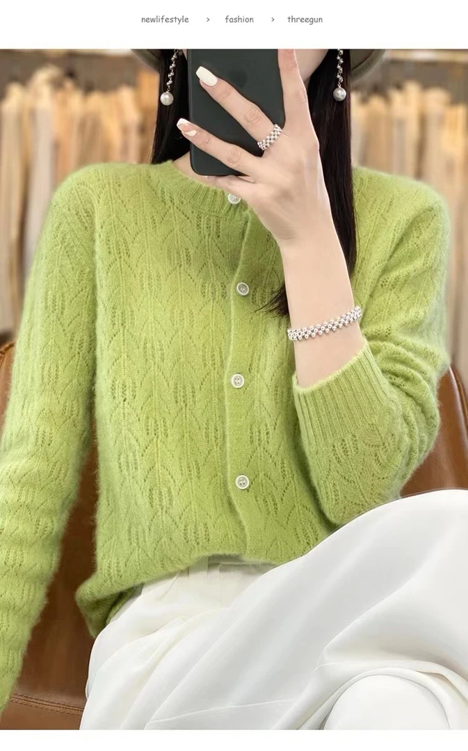 100羊毛衫镂空树叶圆领单排扣纯色羊毛衫-WQ-镂空树叶开衫