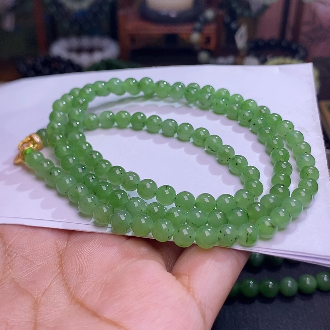 和田玉未镶嵌颈饰乌兰海猕猴桃苹果绿约6mm108佛珠