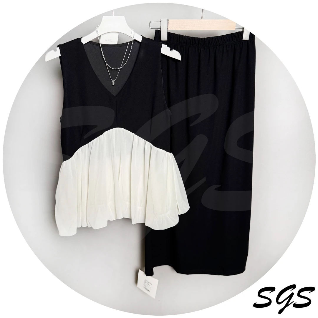 「SGS」法式荷叶边拼接V领撞色花苞背心女黑色无袖气质套装