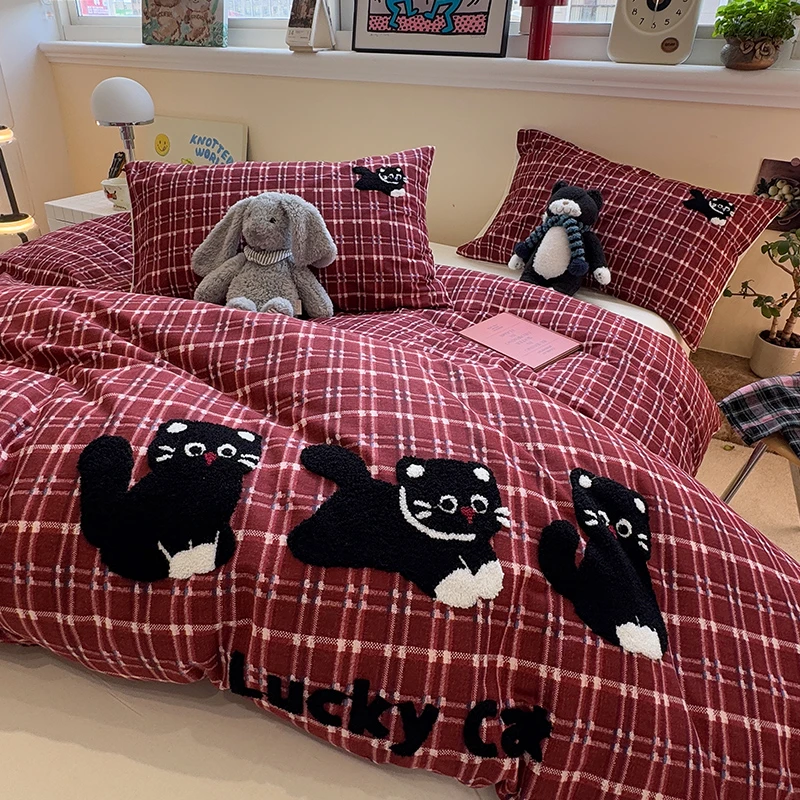 【红格幸运猫】纯棉磨毛加厚床上四件套全棉卡通刺绣被套床单三件套