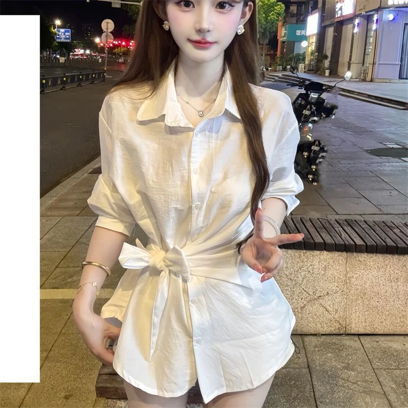 法式白色Polo领衬衫女早秋高级感纯欲风气质修身显瘦绝美长袖上衣