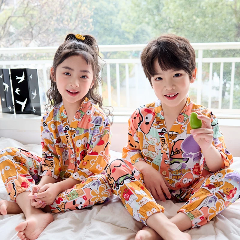 夏季薄款儿童棉绸睡衣七分袖家居服套装简约宝宝男童女童中大童