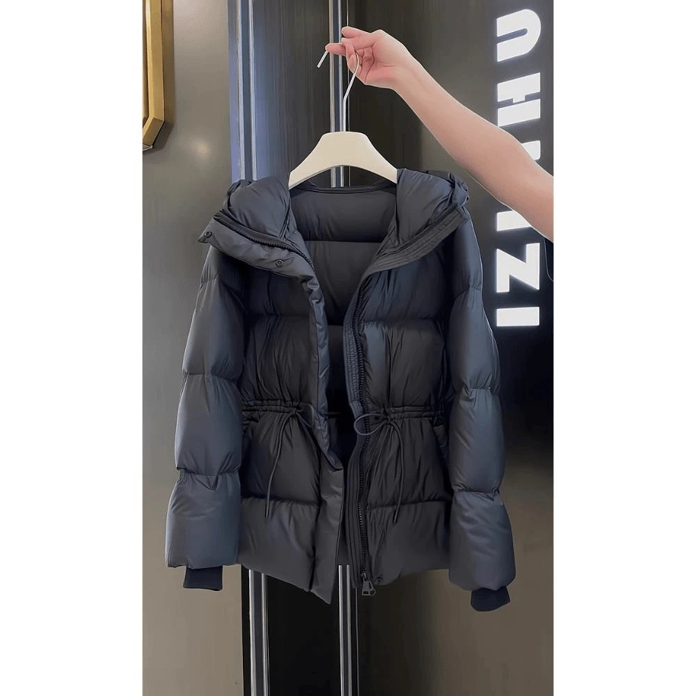 冬季2025时尚抽绳显瘦保暖百搭设计感女装气质中长款棉服连帽外套