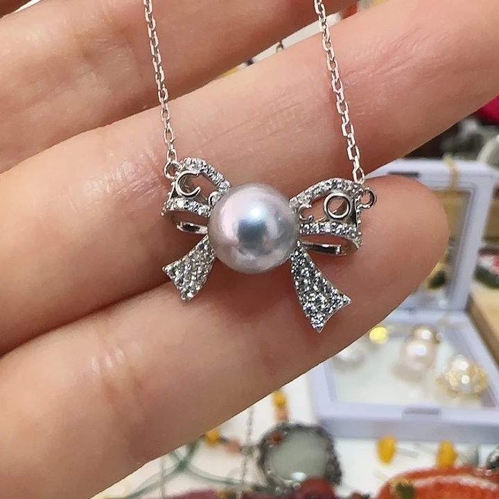 银S925镶嵌海水珍珠颈饰卡7.5左右蝴蝶宽套链有纹