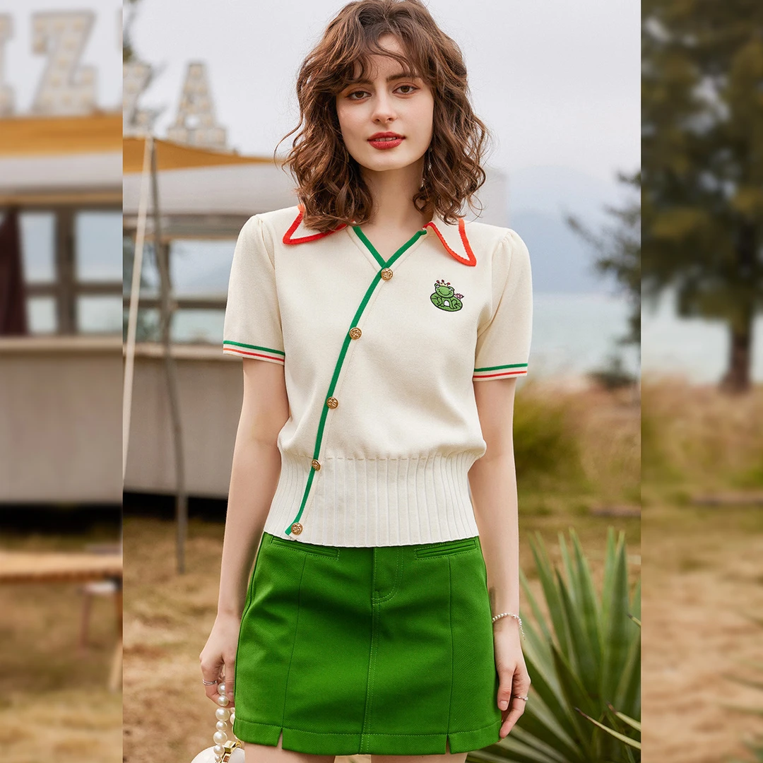 【商场同款新品】白鹿语不规则斜门襟针织衫时尚绣花女上衣HU20071