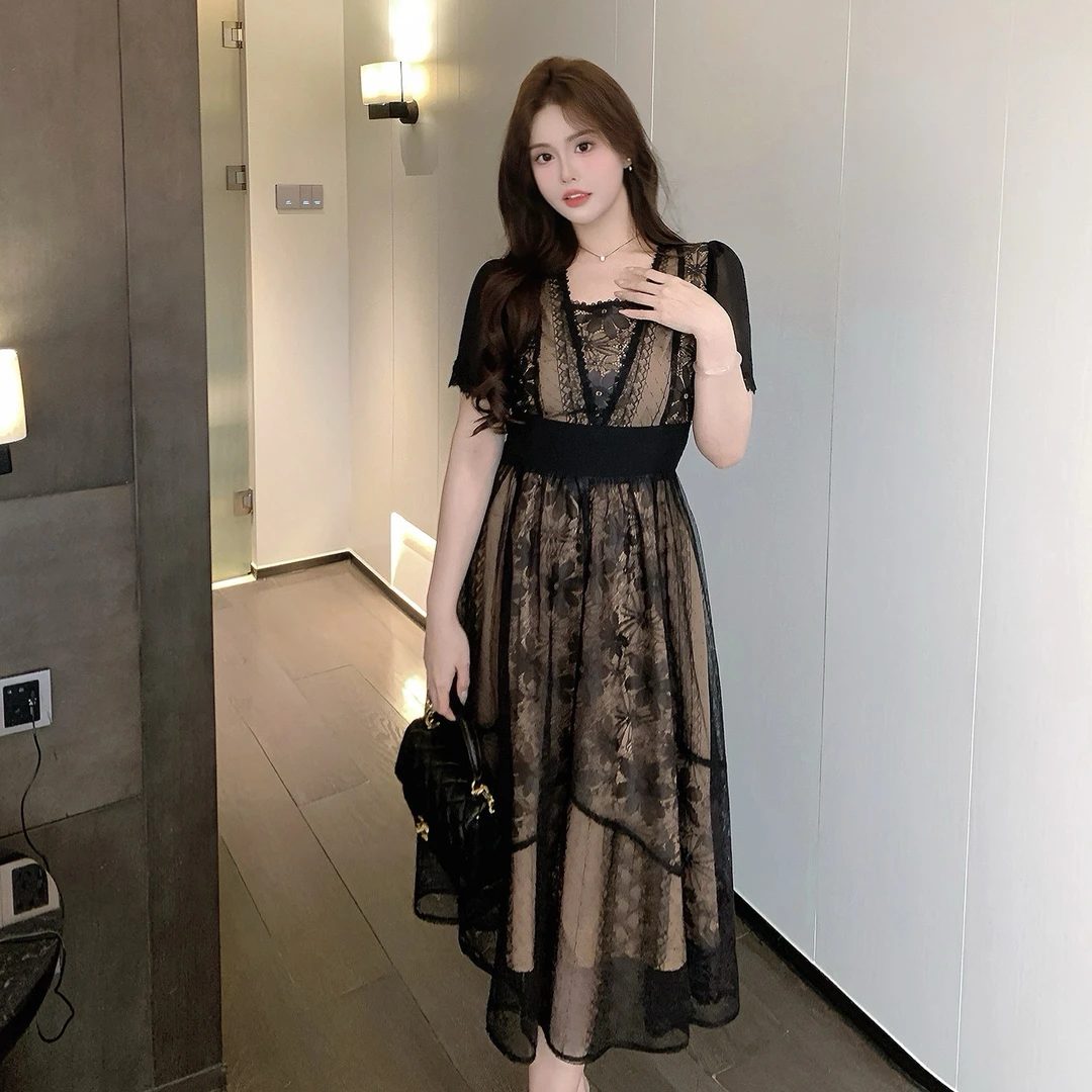 MB大码女装【金枝玉叶】 2026夏季法式复古收腰显瘦长裙蕾丝连衣裙