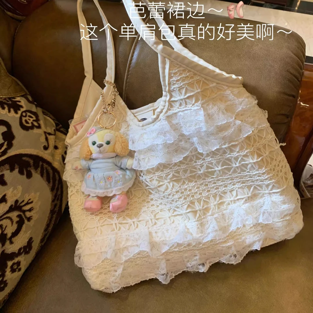 2025夏季休闲度假仙气蕾丝网纱单肩托特包ins学生大容量通勤女包
