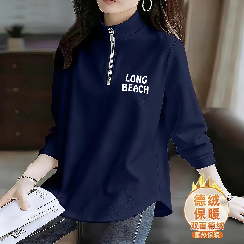 双面德绒保暖半高领打底衫女秋冬季新款宽松显瘦内搭拉链加厚T恤