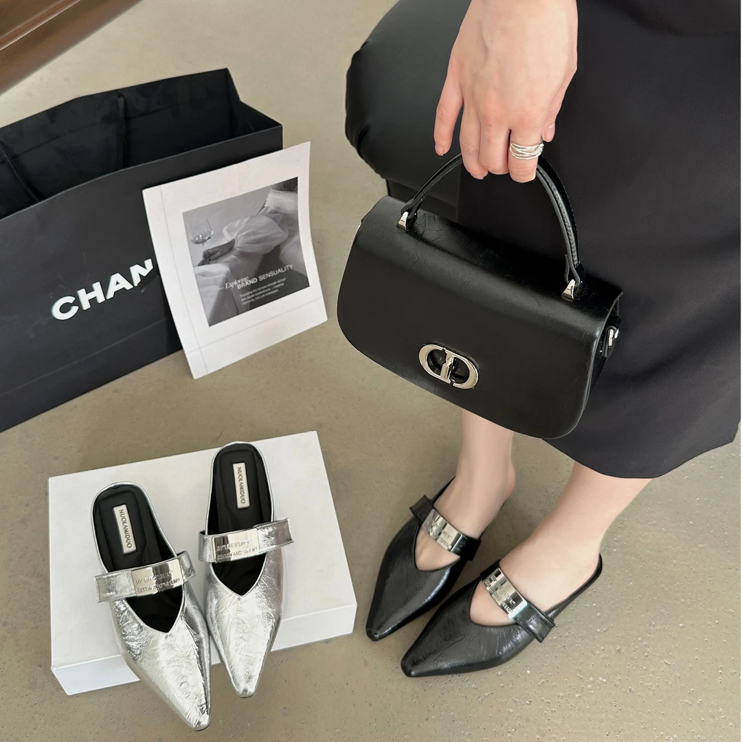 真皮欧美风尖头御姐气质高级感金属扣粗跟包头半拖569-68