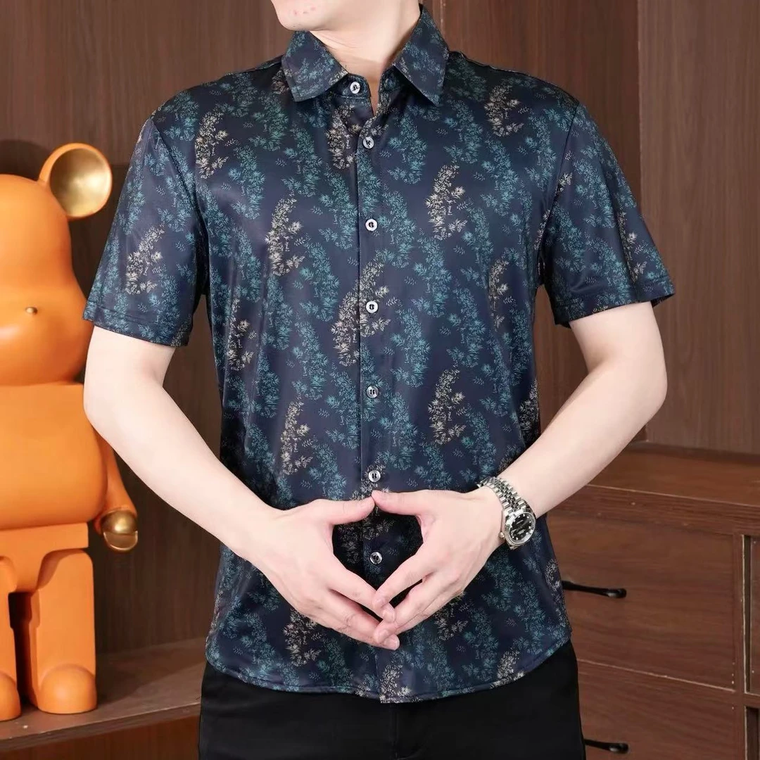 休闲薄款印花上衣夏季花衬衫男士短袖时尚衬衣百搭潮流翻领