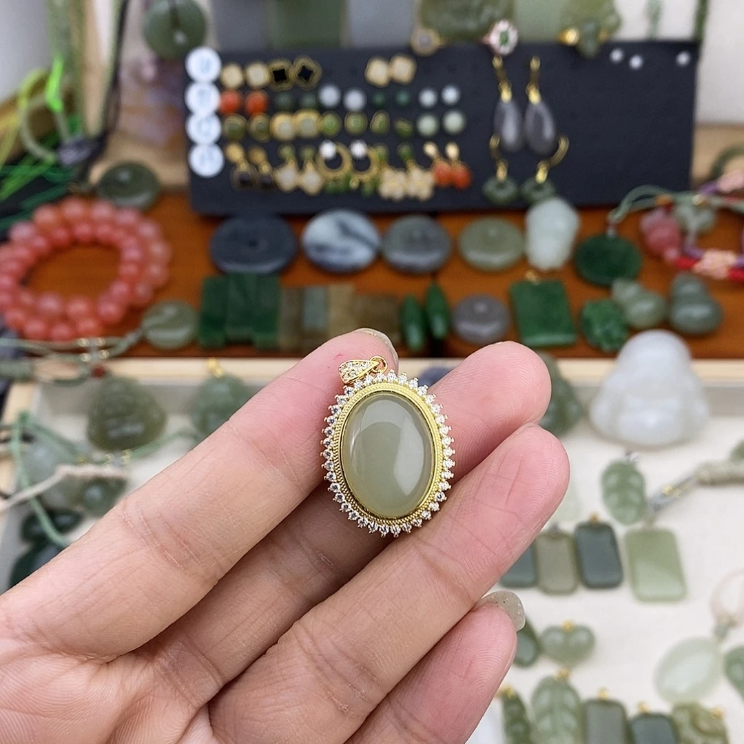 和田玉银S925镶嵌吊坠(不含链)