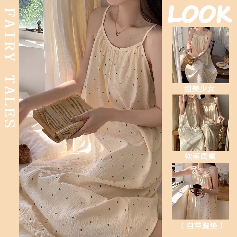 日系波点睡裙女款夏季2025新款带胸垫吊带睡衣可外穿云朵棉家居服